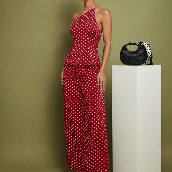 Burgundy Women's Polka Dot Print Sleeveless Top And Wide Leg Pants Set - Picture 3 of 7